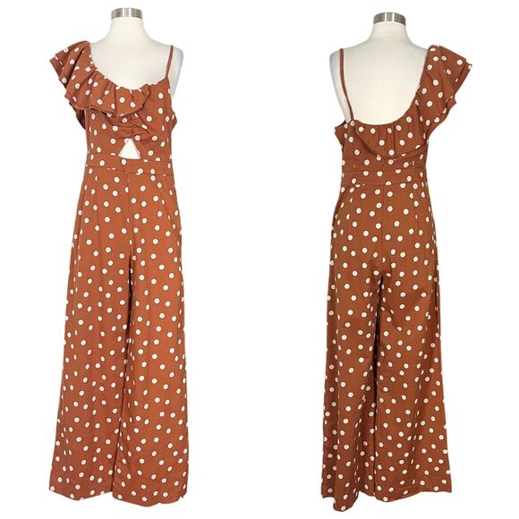 Anthropologie | Maeve Rust Orange Polka Dot White Ruffle Wide Leg Jumpsuit 8 EUC - Picture 1 of 13